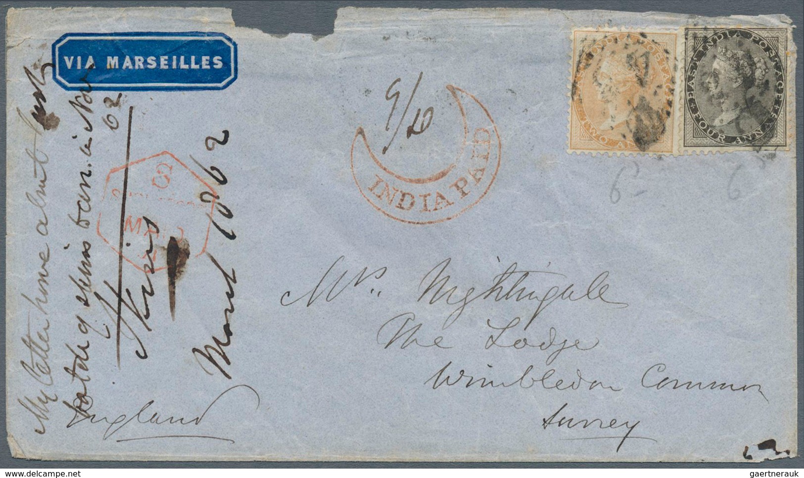 08703 Indien: 1861-83 Five Covers Including 1860 QV 2a. Dull Pink Tied By Numeral "55" In BLUE To 1861 Cov - Autres & Non Classés