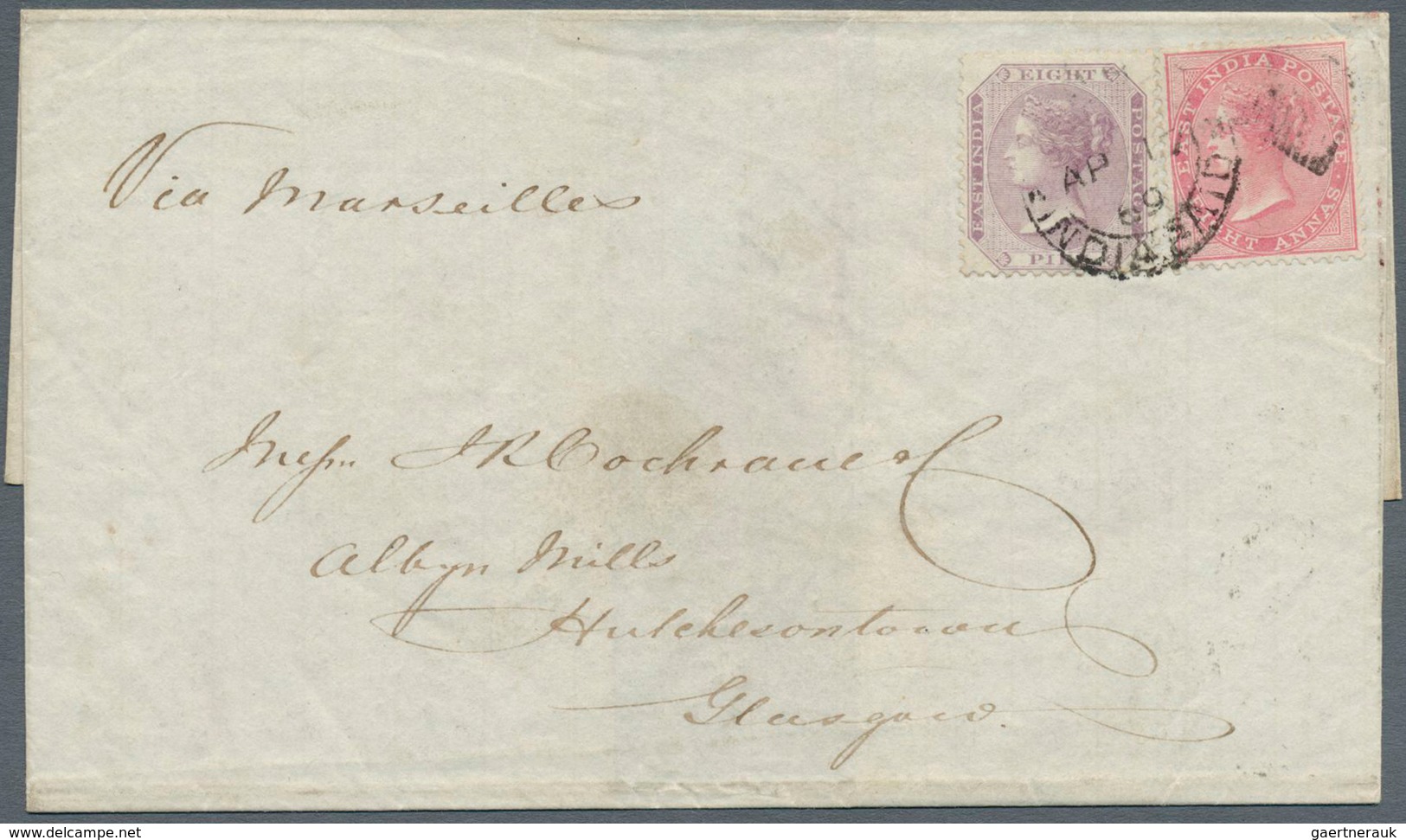 08703 Indien: 1861-83 Five Covers Including 1860 QV 2a. Dull Pink Tied By Numeral "55" In BLUE To 1861 Cov - Sonstige & Ohne Zuordnung