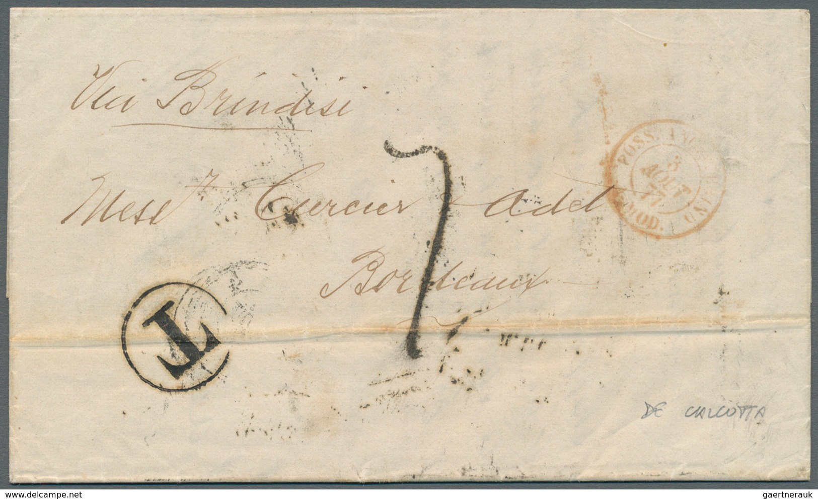 08713 Indien: 1877. Stampless Envelope Written From Calcutta Dated '10th July 1877' Addressed To France Ca - Autres & Non Classés