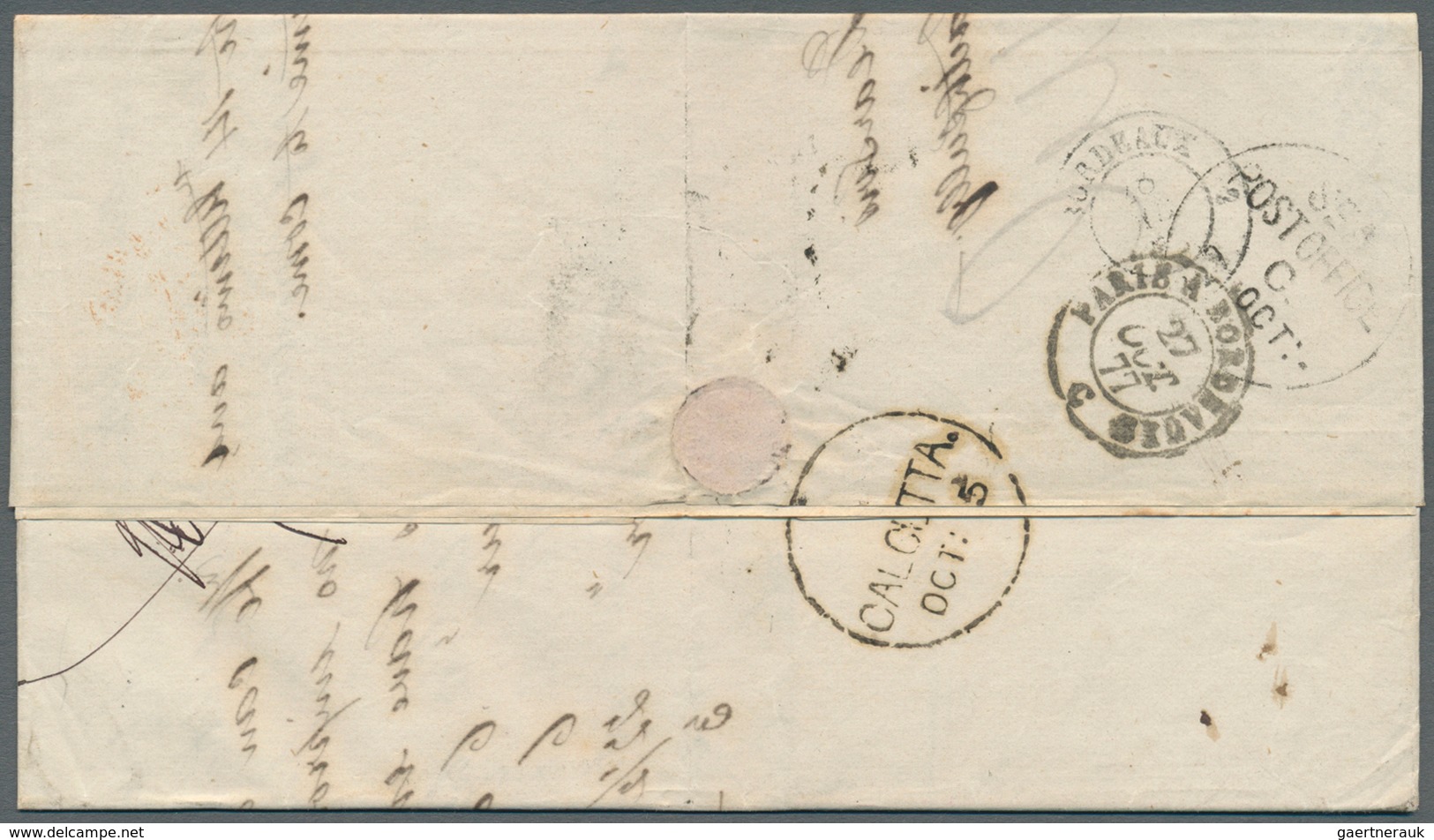 08715 Indien: 1877. Stampless Envelope Written From Calcutta Dated '5th Oct 1877' Addressed To France Canc - Sonstige & Ohne Zuordnung