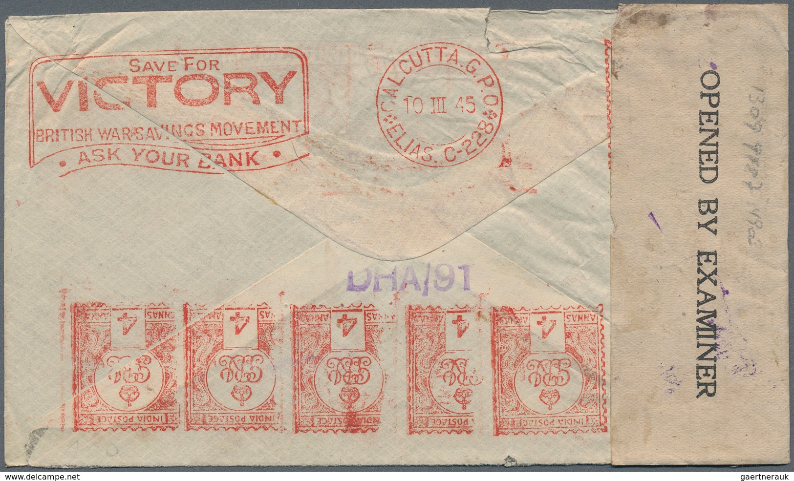 08735 Indien: 1945, 10 X 4 Annas Meter Stamps From CALCUTTA G.P.O./ELIAS.C-228, 10.III.45 With Slogan "SAV - Autres & Non Classés