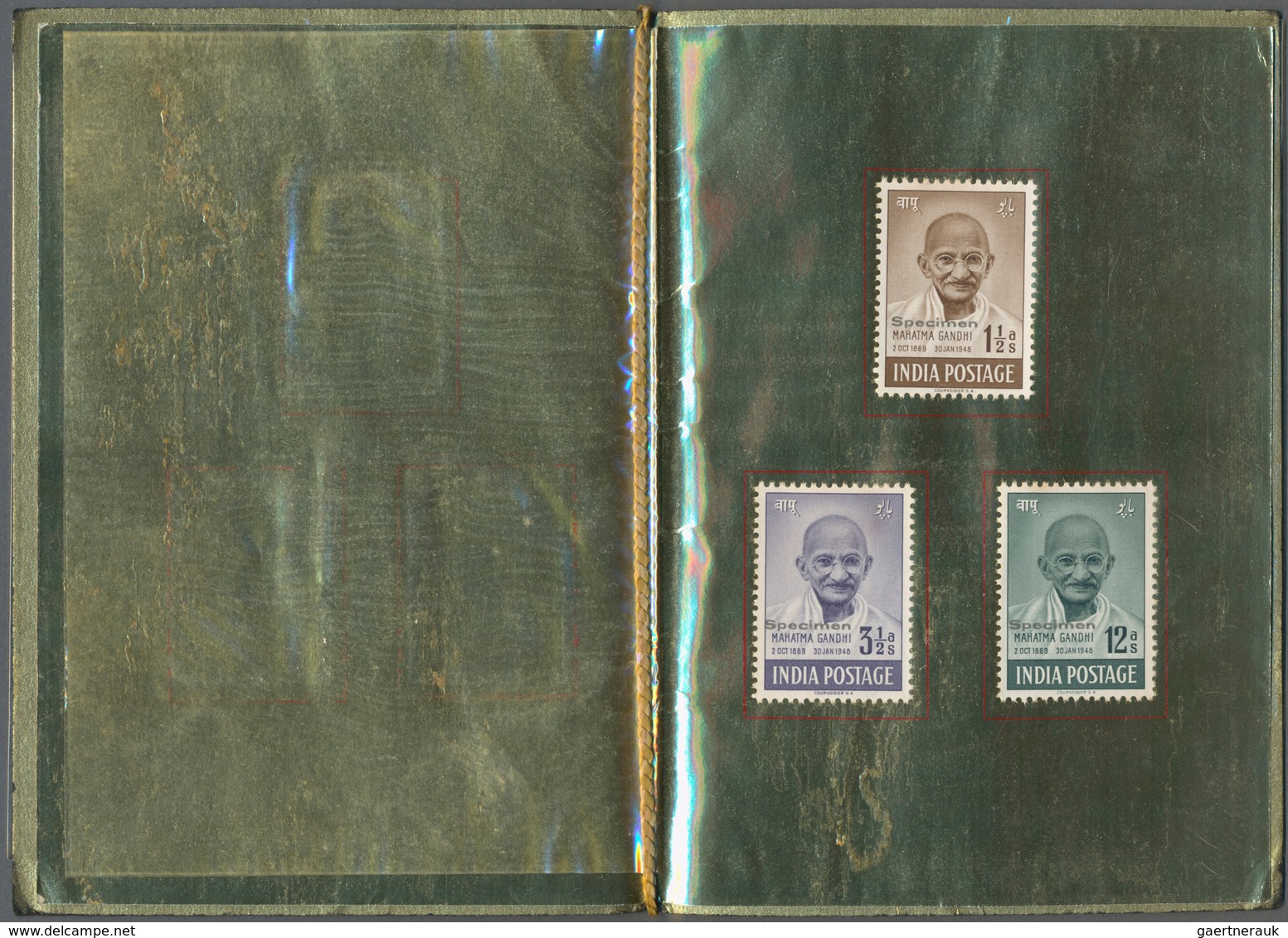 08736 Indien: 1948 GANDHI Complete Set Overprinted "SPECIMEN", Affixed To Gold Leaves, In Black Velvet Pre - Sonstige & Ohne Zuordnung