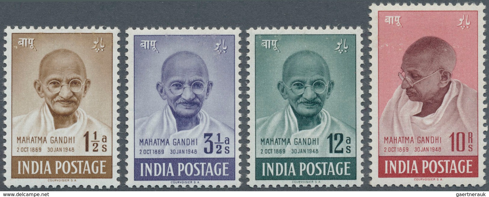 08738 Indien: 1948 Gandhi Complete Set, Mounted Mint, Anna Values With Some Fibres Of Black Paper Adhered - Sonstige & Ohne Zuordnung