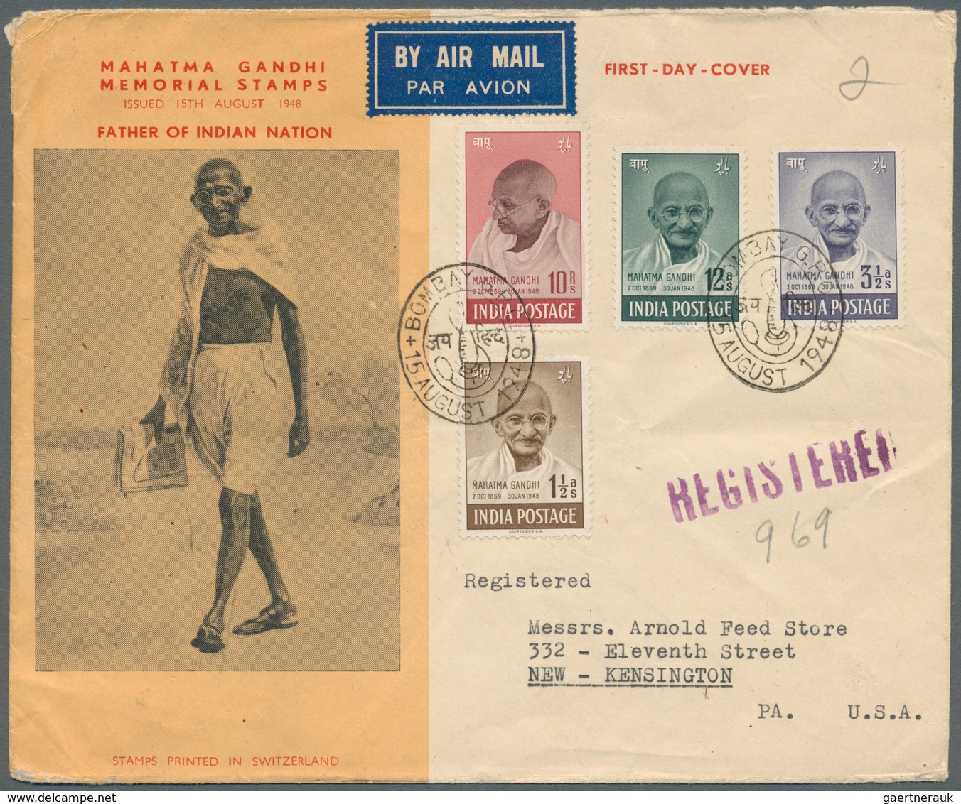 08740 Indien: 1948 GANDHI Complete Set On Illustrated FDC (Walking Gandhi) Sent Registered From Bombay To - Autres & Non Classés