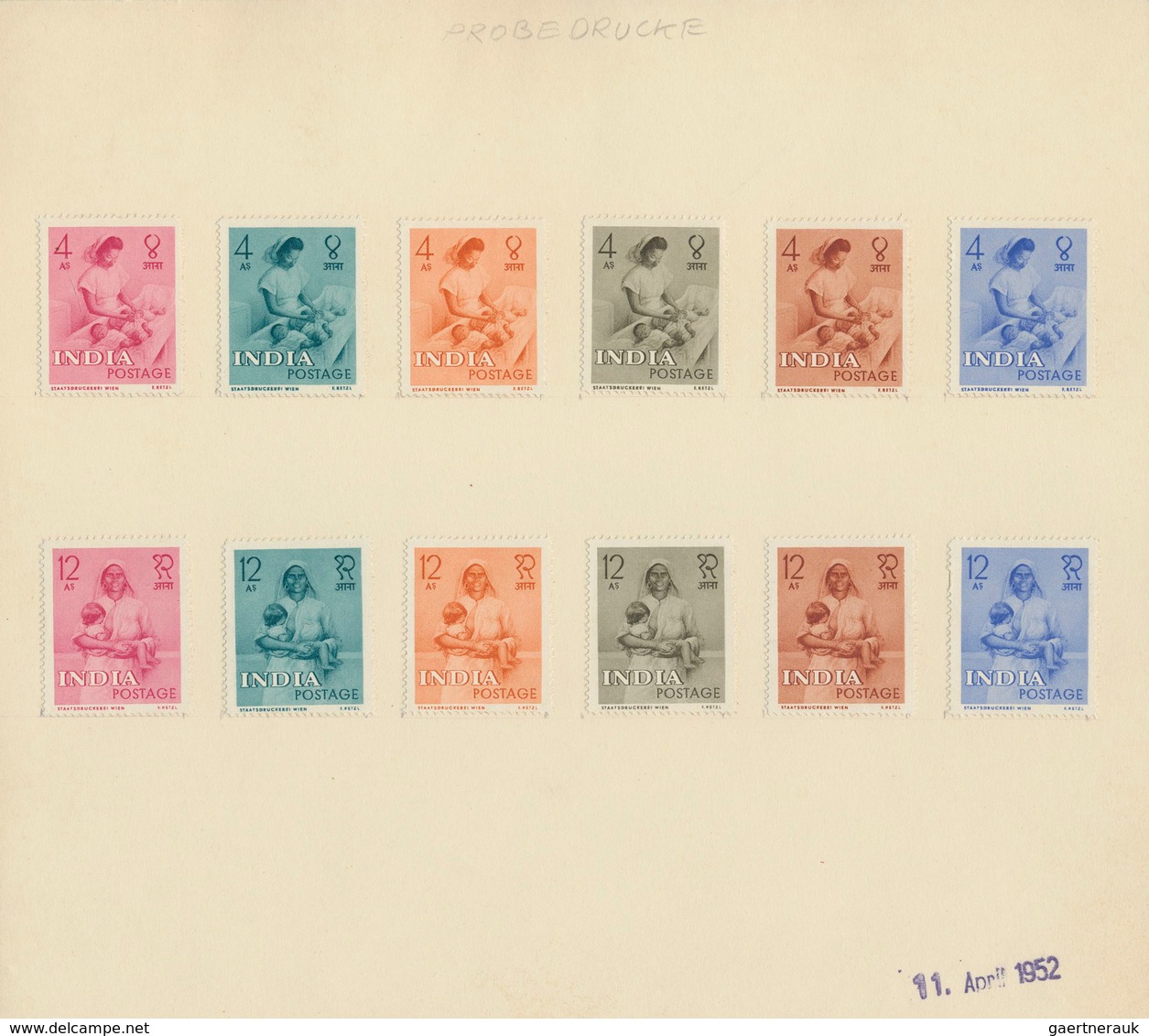 08742A Indien: 1952, PROOFS FOR A NOT REALISED DESIGN "NURSE/BABY"/"MOTHER/CHILD", Proof Sheet Of The Vienn - Sonstige & Ohne Zuordnung