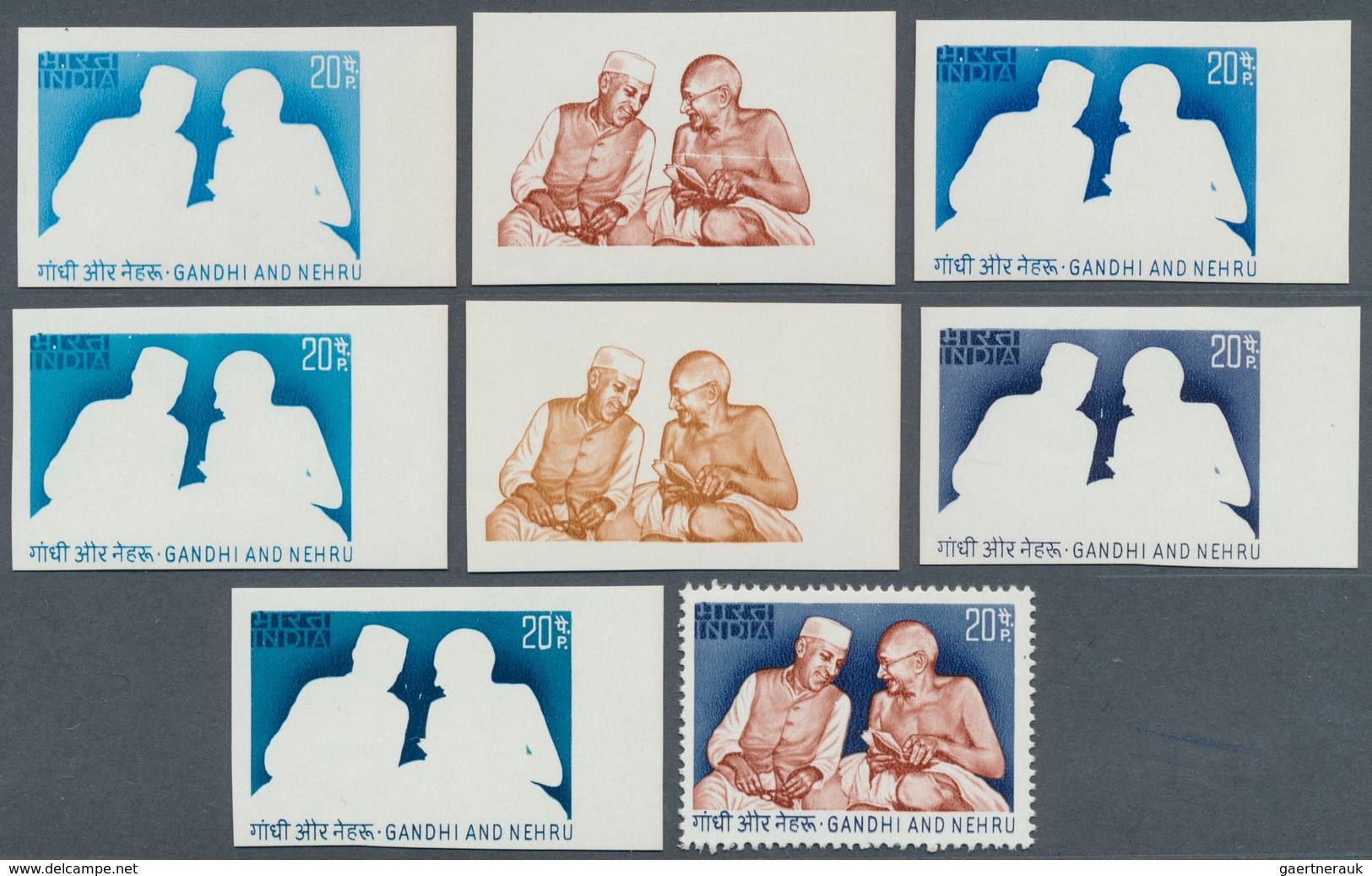 08746 Indien: 1973 'Gandhi & Nehru' 20p.: Seven Different Colourt Trials Of Frame (five, Different Colours - Autres & Non Classés