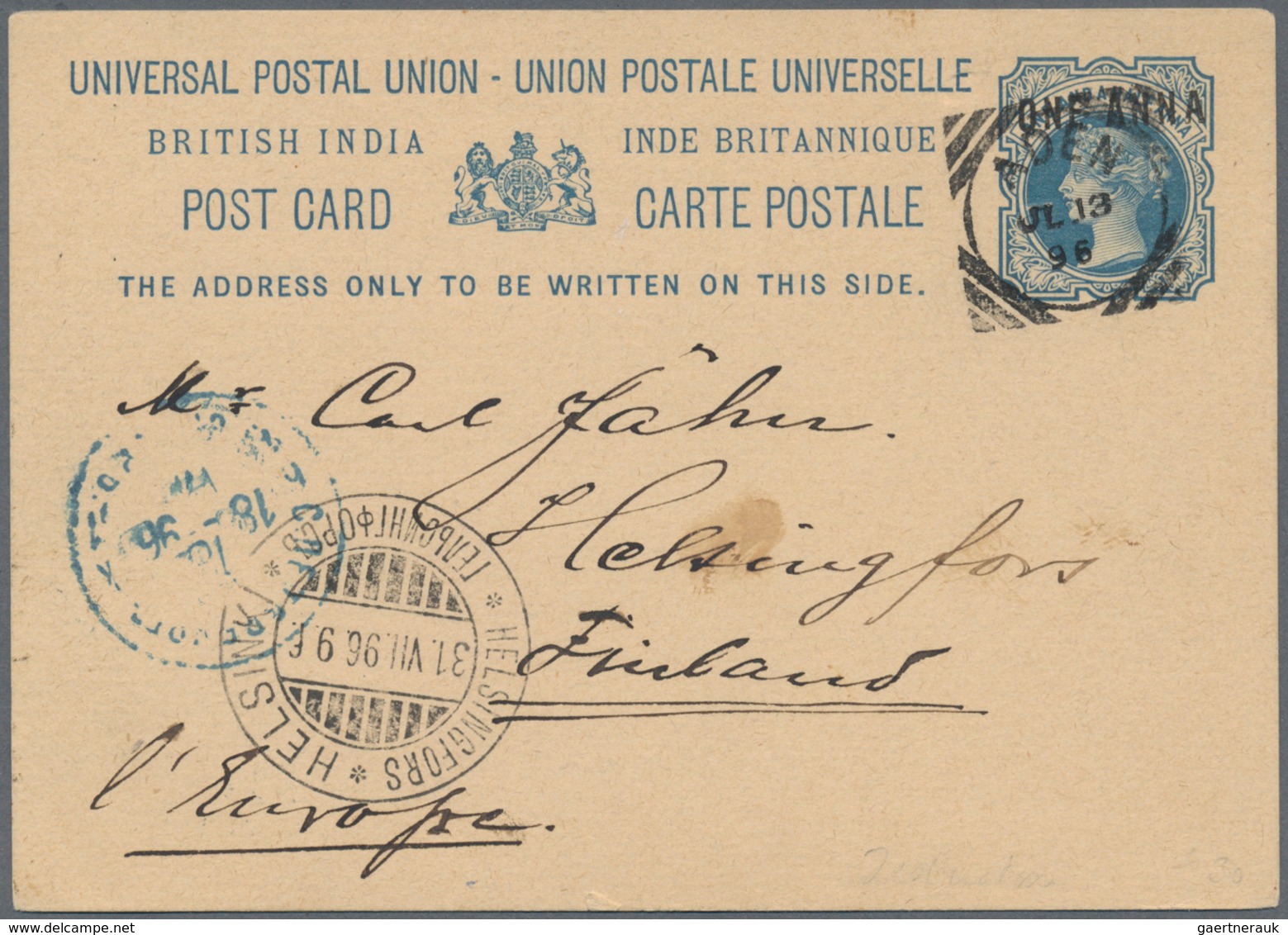 08758 Indien - Used Abroad: ADEN 1896 - Destination FINLAND: Indian P/s Card 1½a. Blue Used From Aden To H - Sonstige & Ohne Zuordnung