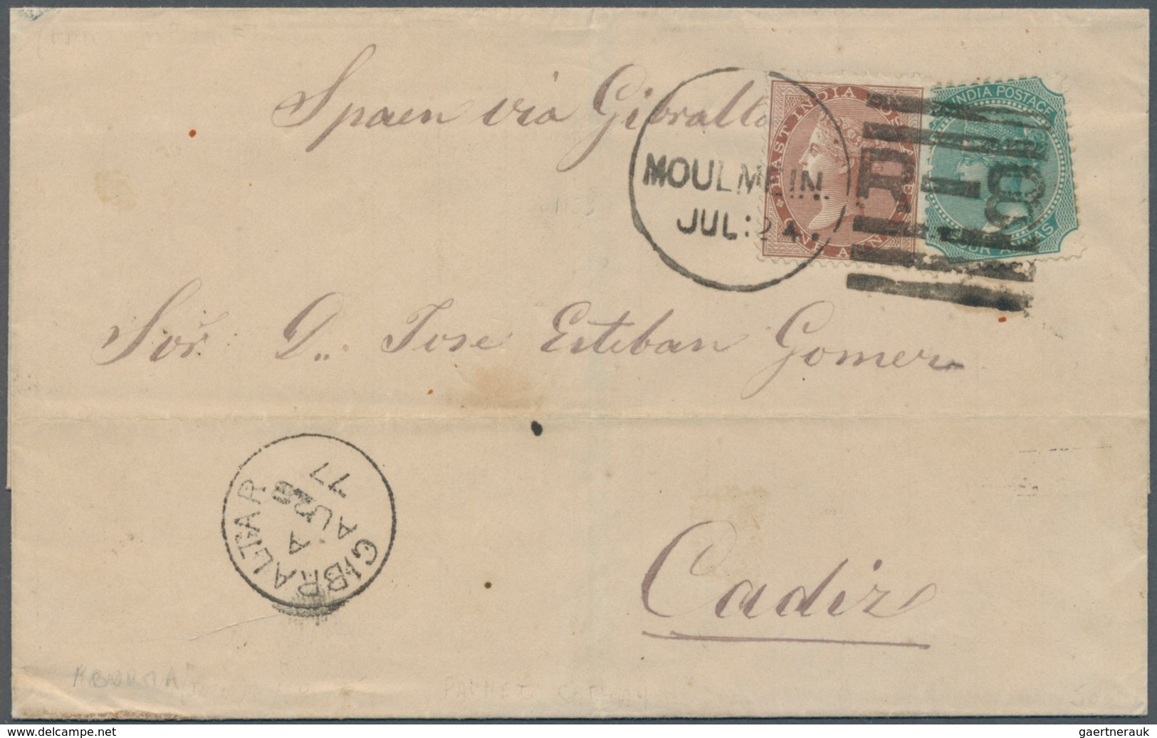 08765 Indien - Used Abroad: Burma 1877: Envelope Addressed To Cadiz Bearing India SG 58, 1a Brown And SG 6 - Sonstige & Ohne Zuordnung