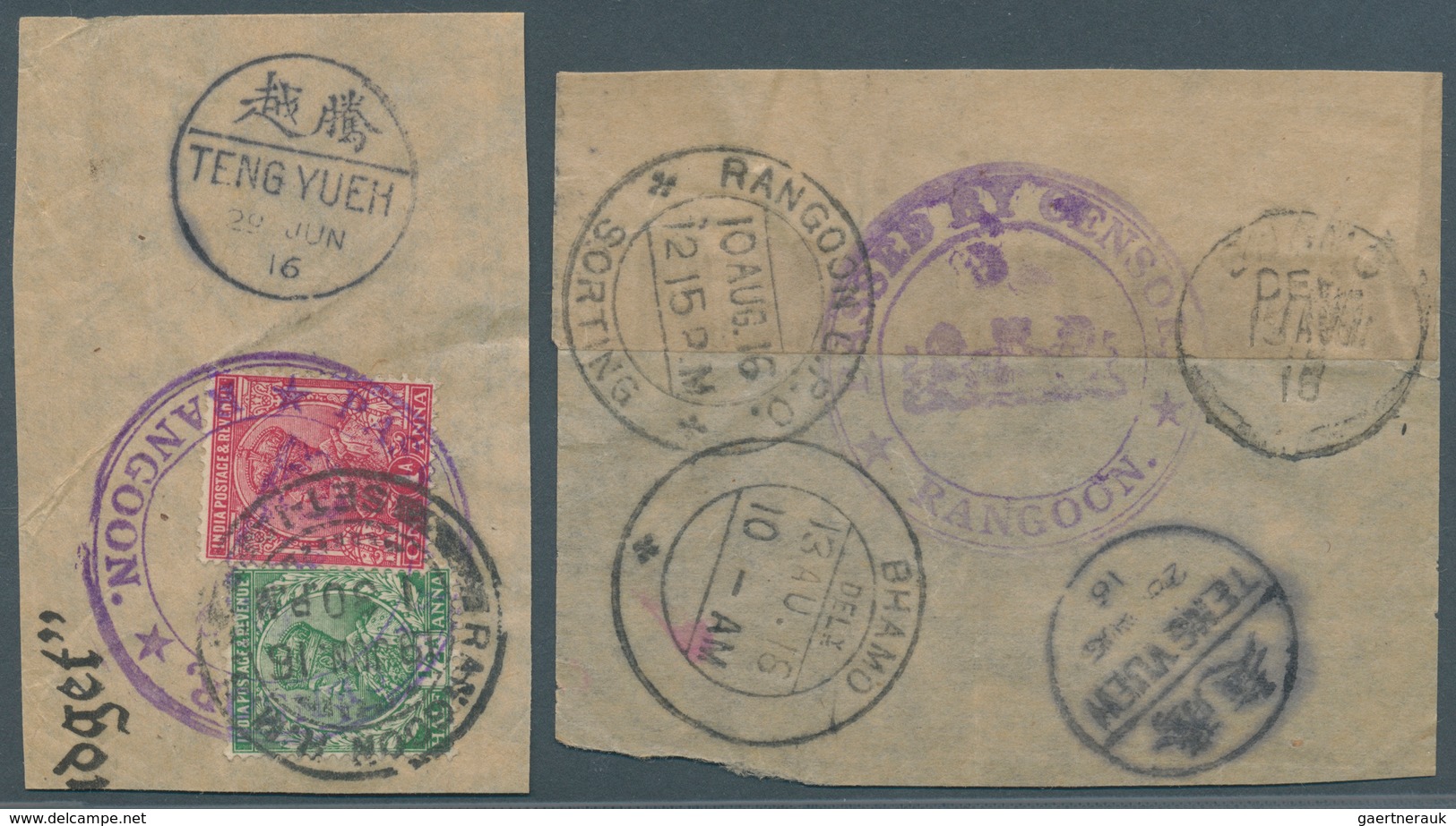 08766 Indien - Used Abroad: BURMA 1916, WWI Censored Mail From Burma To China: Four Pieces With Violet 'Pa - Sonstige & Ohne Zuordnung