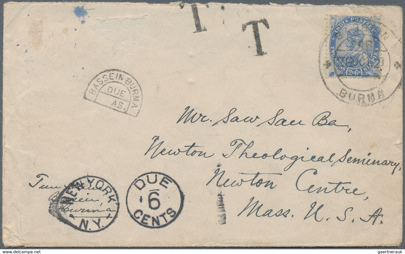 08767 Indien - Used Abroad: BURMA 1921, Unsufficiently Franked Cover From BASSEIN To Newton Centre, Mass., - Autres & Non Classés