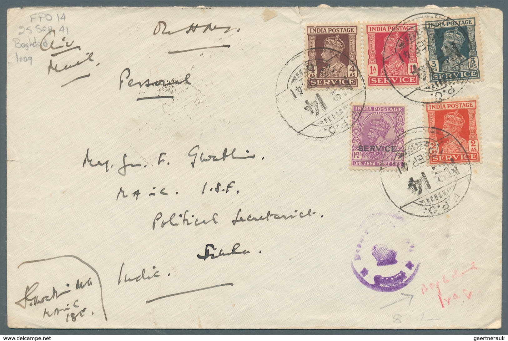 08772 Indien - Used Abroad: IRAQ: 1941. Official Air Mail Envelope (waterstains) Addressed To Simla, India - Sonstige & Ohne Zuordnung