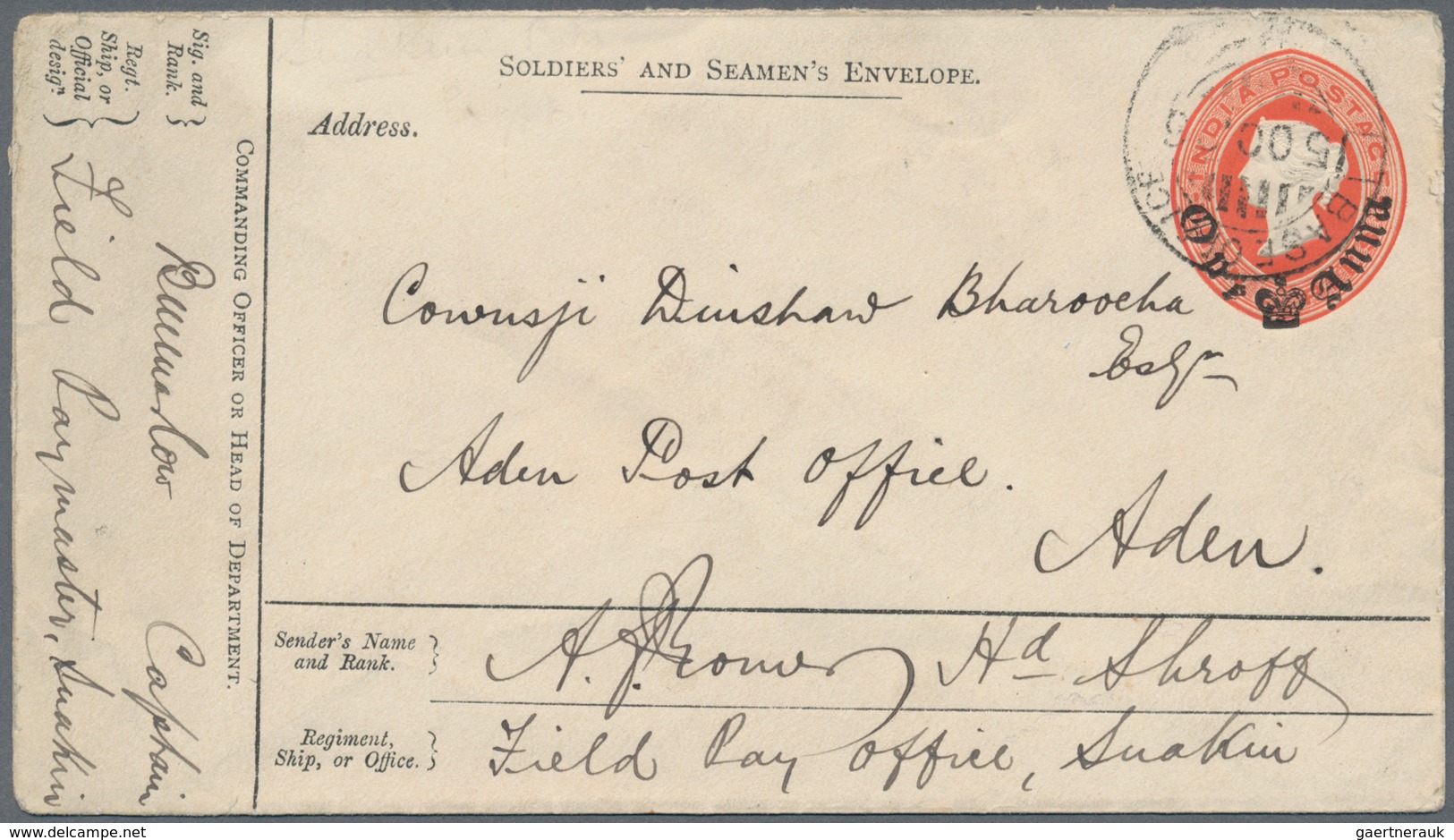 08777 Indien - Feldpost: 1896: Soldiers' & Seamen's Envelope 1a. On 9p. Used From Suakim To ADEN, Sent Fro - Franchise Militaire