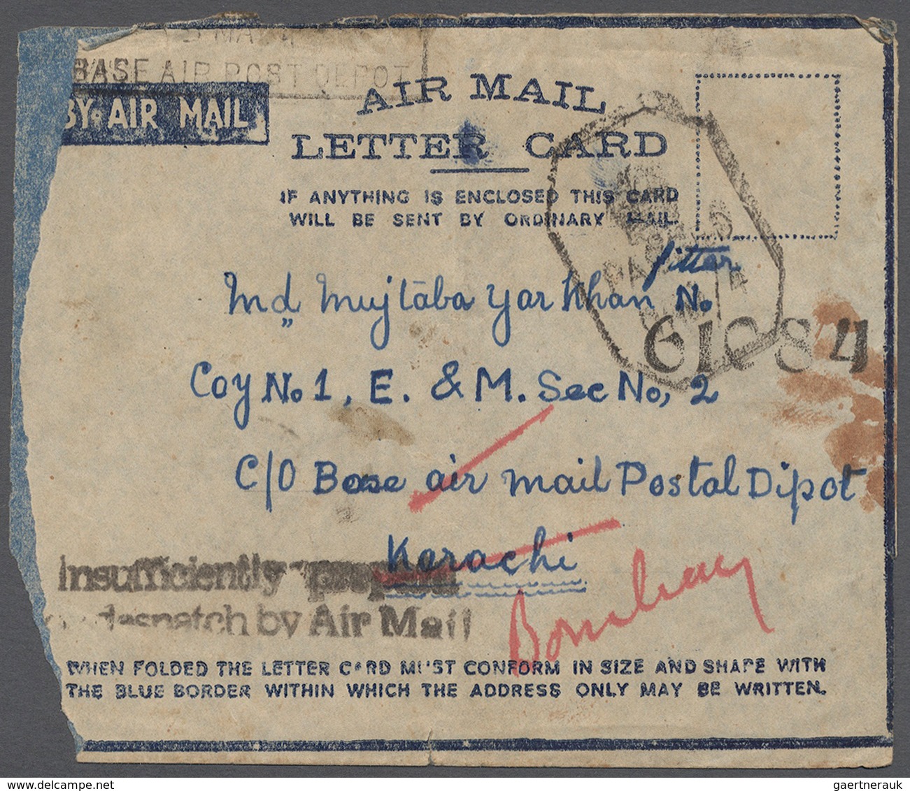 08779 Indien - Feldpost: 1942, Airmail Letter Card To Karachi, Re-directed To Bombay, With Partial Strike - Franchise Militaire