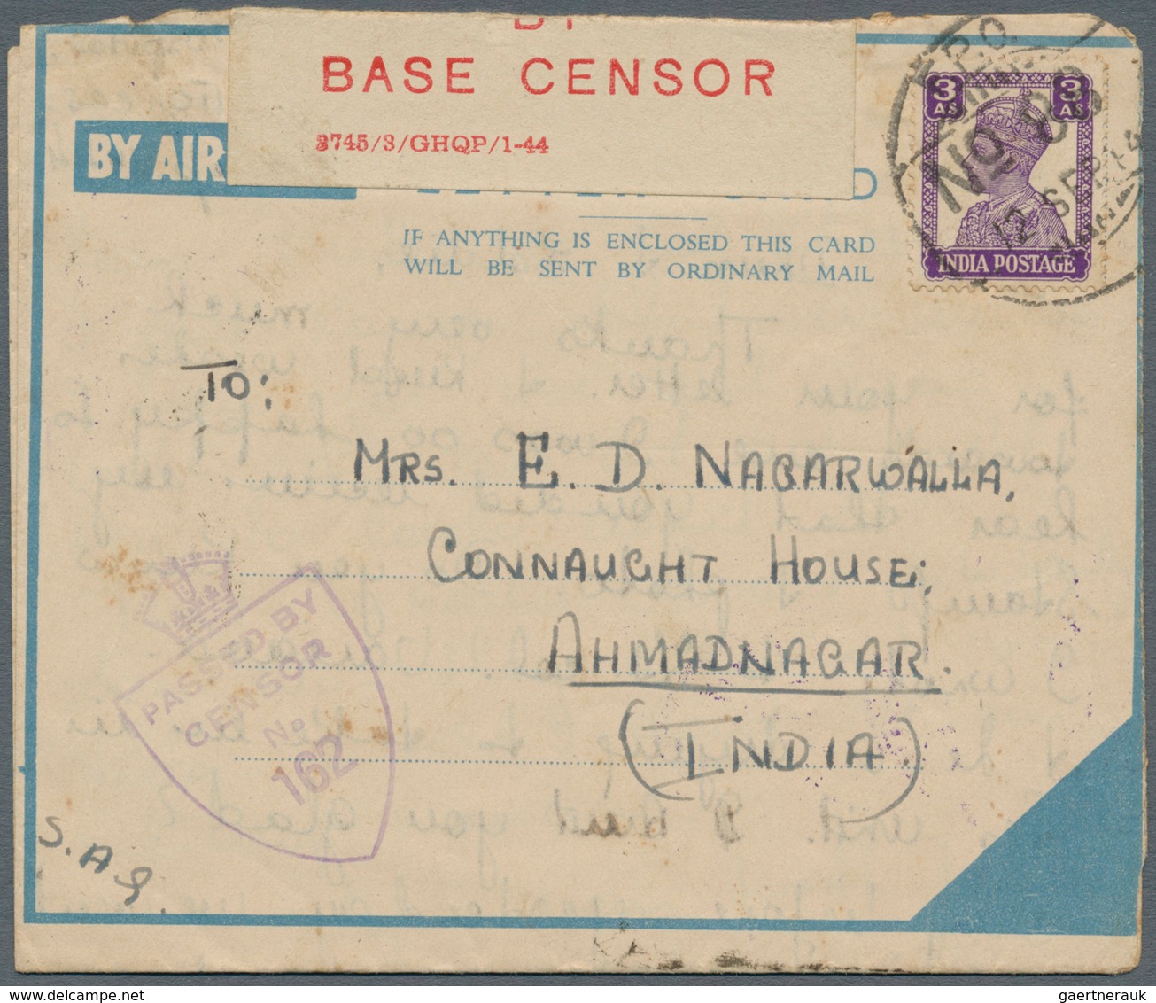08780 Indien - Feldpost: 1944 (12 Sep) SAIDA, Lebanon: 'Blue Ribbon' Air Mail Letter Card Used From Indian - Franchise Militaire