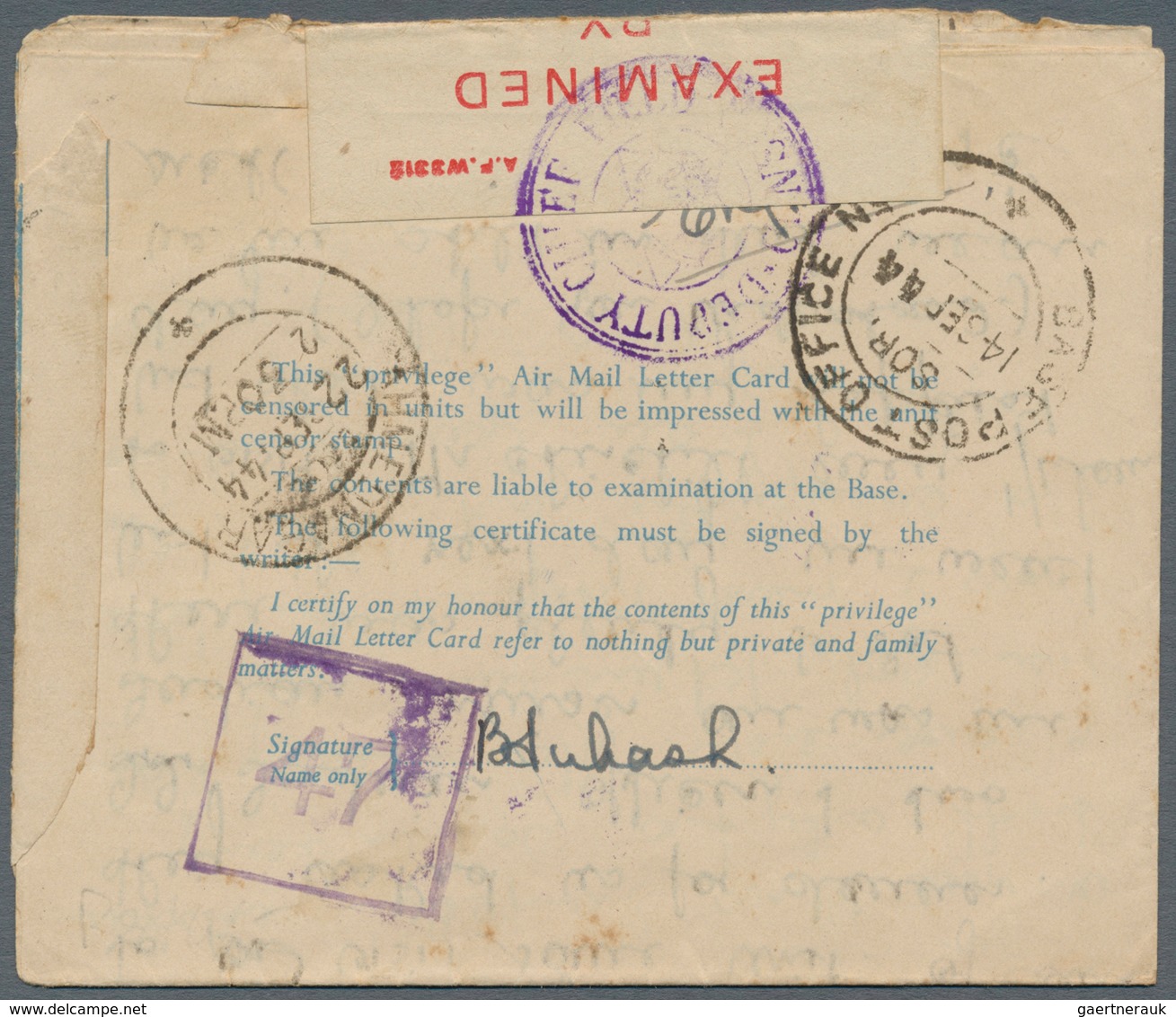 08780 Indien - Feldpost: 1944 (12 Sep) SAIDA, Lebanon: 'Blue Ribbon' Air Mail Letter Card Used From Indian - Franchise Militaire