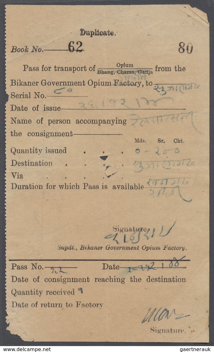 08789 Indien - Konventionalstaaten: BIKANER: Duplicate Form From The Bikaner Government OPIUM Factory Rela - Autres & Non Classés