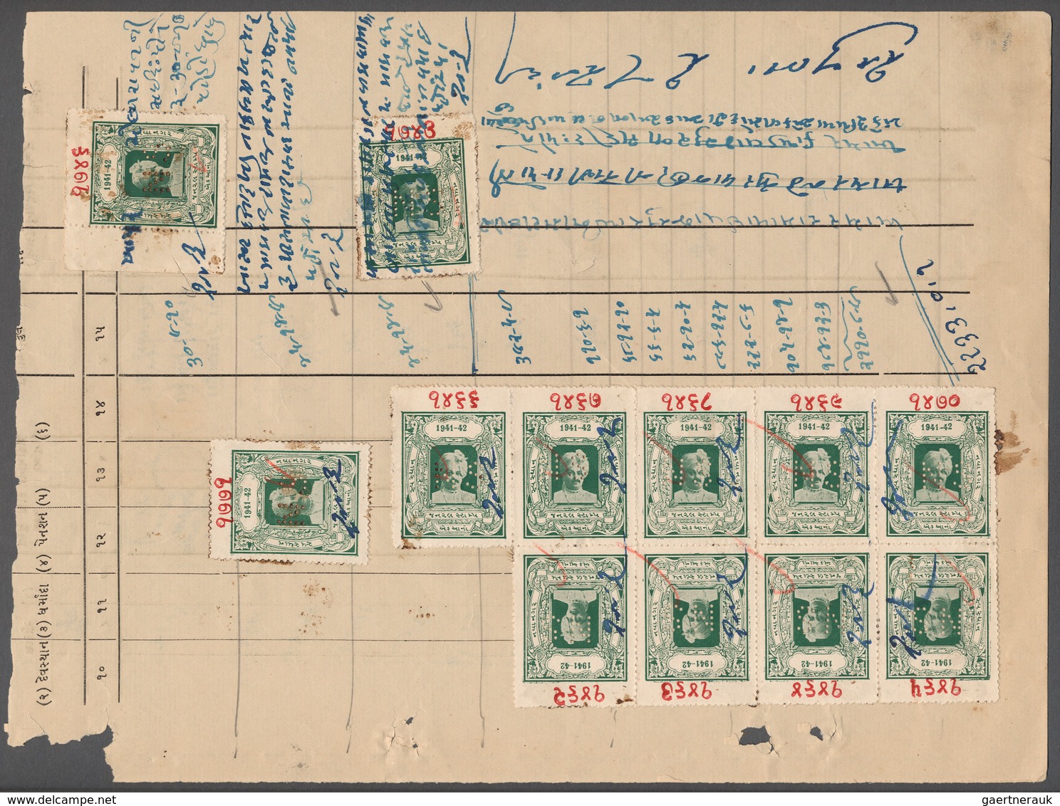 08794 Indien - Konventionalstaaten: NAWANAGAR-Fiscals 1941-42: Revenue Stamp 1a Green Block Of 9 Including - Sonstige & Ohne Zuordnung