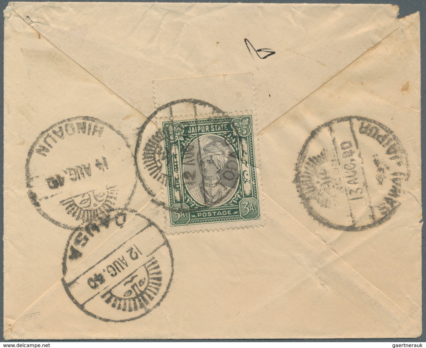 08799 Indien - Feudalstaaten: JAIPUR 1940: Postal Stationery Envelope ½a. Blue Used REGISTERED From Todabh - Autres & Non Classés