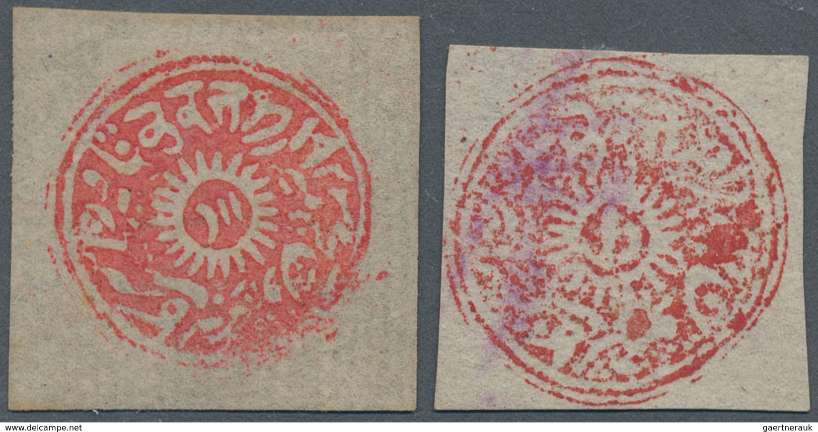 08805 Indien - Feudalstaaten: JAMMU & KASHMIR 1877-78 Circulars ½a. Red And 1a. Deep Red Both Handstamped - Autres & Non Classés
