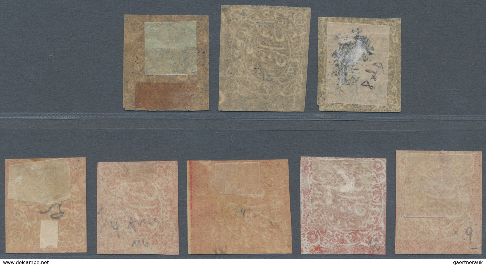 08807 Indien - Feudalstaaten: JAMMU & KASHMIR 1880's, Eight Examples Of The Unissued ¼a., Three In Black ( - Autres & Non Classés