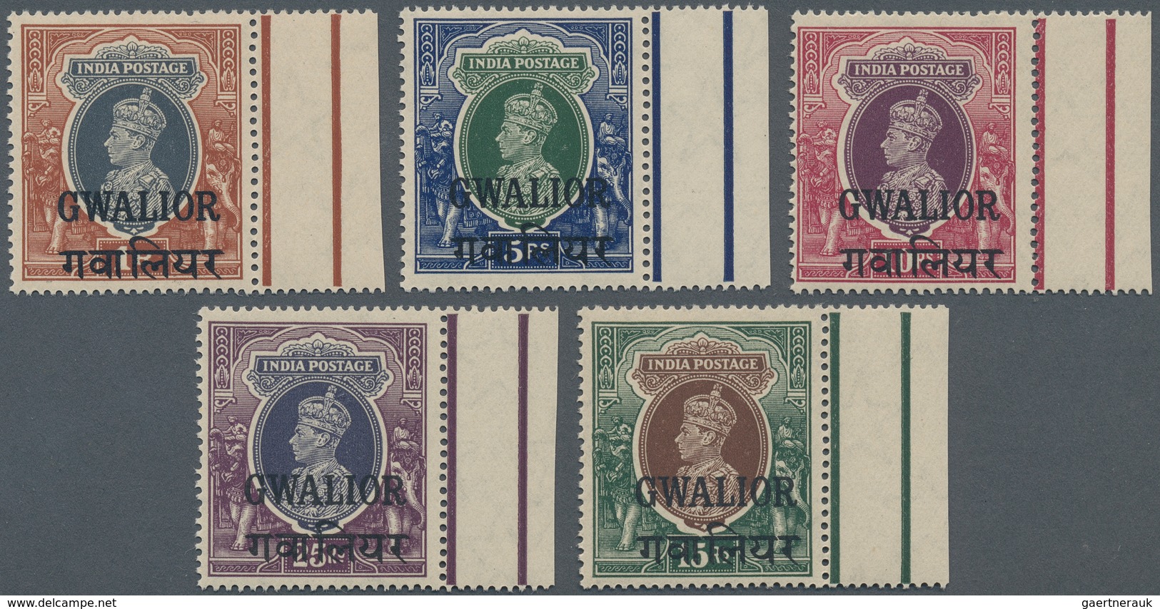 08812A Indien - Feudalstaaten: 1938/48, KG VI 1 R And 5 R To 25 R With Imprint "GWALIOR" Five Values In Sup - Sonstige & Ohne Zuordnung