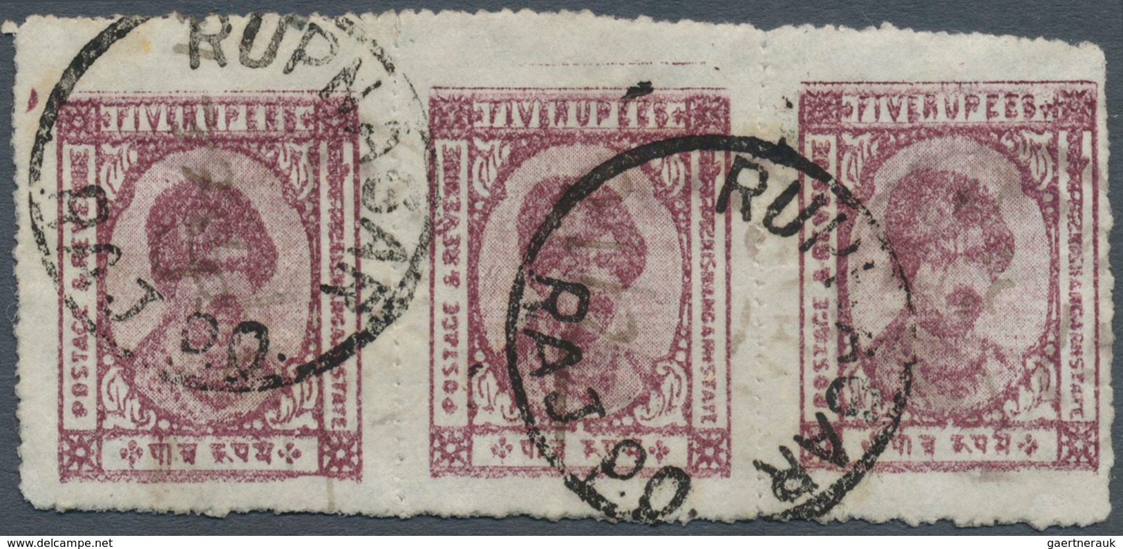 08814 Indien - Feudalstaaten: KISHANGARH 1928-36 5r. Claret Horizontal Strip Of Three, Used And Cancelled - Sonstige & Ohne Zuordnung