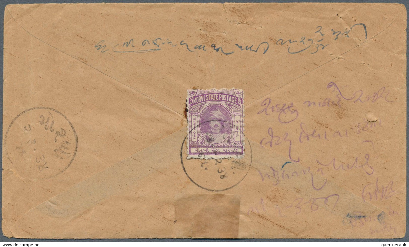08817 Indien - Feudalstaaten: MORVI 1932-33: 2a. Violet Used On Back Of Registered Cover (+ Contents), Tie - Sonstige & Ohne Zuordnung