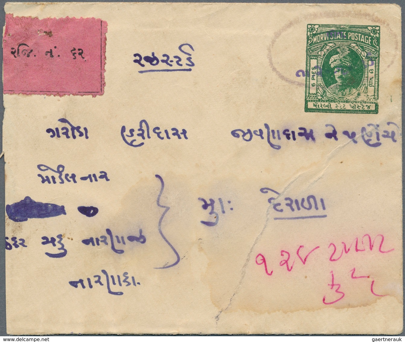 08819 Indien - Feudalstaaten: MORVI 1934: Two Postal Stationery Envelopes, 6p. Dark Green On Laid Paper An - Sonstige & Ohne Zuordnung