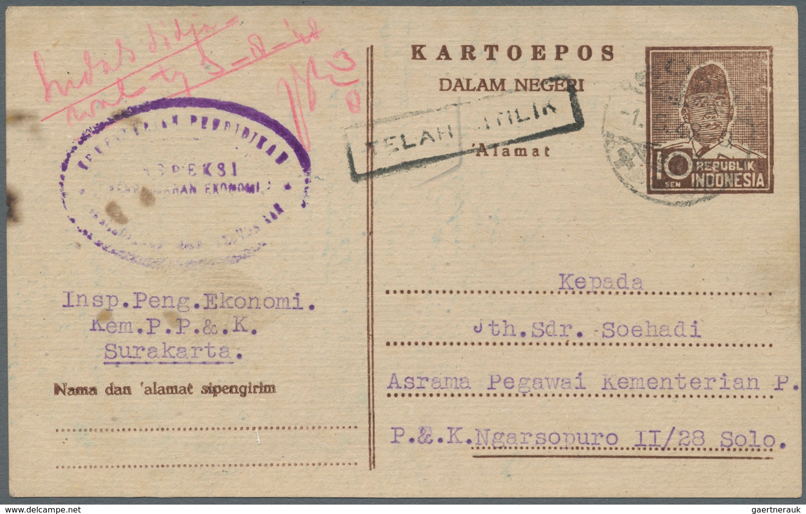 08830 Indonesien - Vorläufer: 1946/47, Three Different Stationery Cards: 5 S. "Peneak" Large Size (crease) - Indonésie