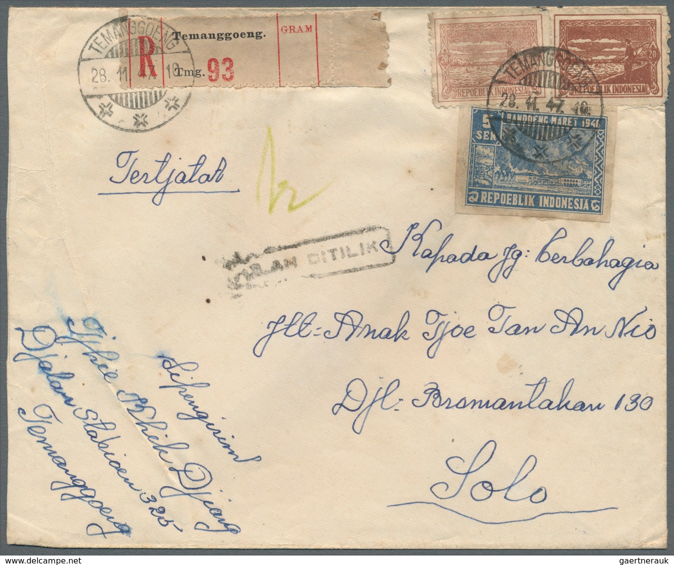 08835 Indonesien - Vorläufer: 1947, 20 S. Soldier On Guard (2, Different Shades) And 5 S. Blue Tied "Teman - Indonesia