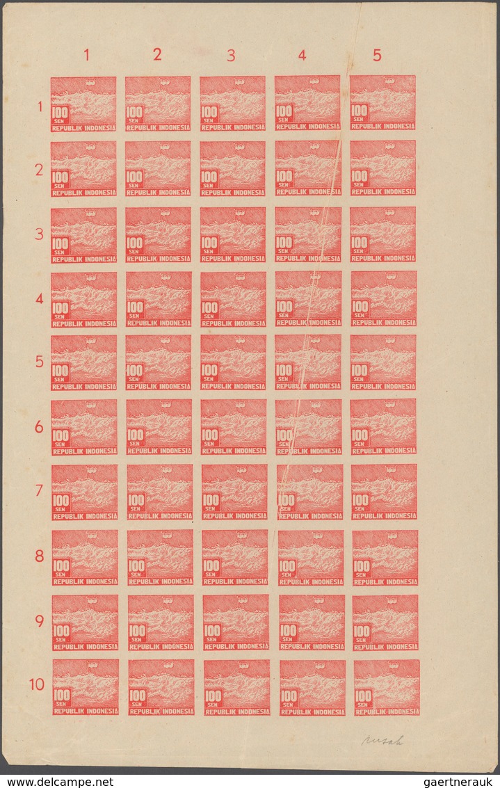 08837 Indonesien - Vorläufer: 1949, Revolution Period In Java, 100 Sen Red Imperforated, Complete Sheet Of - Indonésie