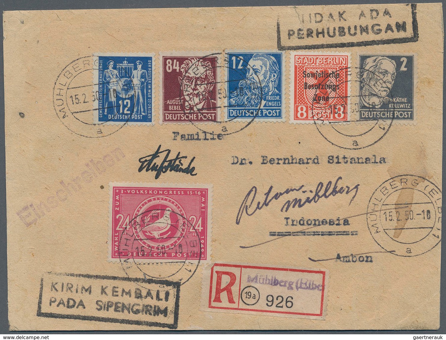 08839 Indonesien: 1950, Incoming-Blocked Mail: Germany Soviet Zone/DDR, Mixed Franking With 6 Stamps On Re - Indonésie