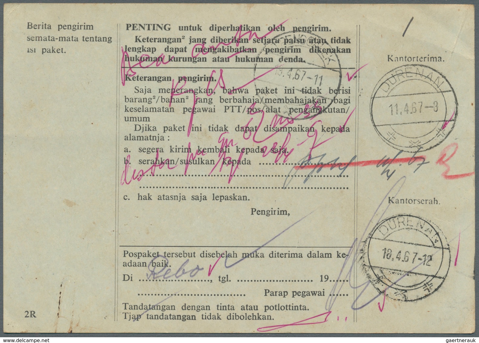 08842 Indonesien: 1967, Two Stampless Parcel Cards (Kartualamat) With "postage Paid" Markings, Used TARAKA - Indonesien