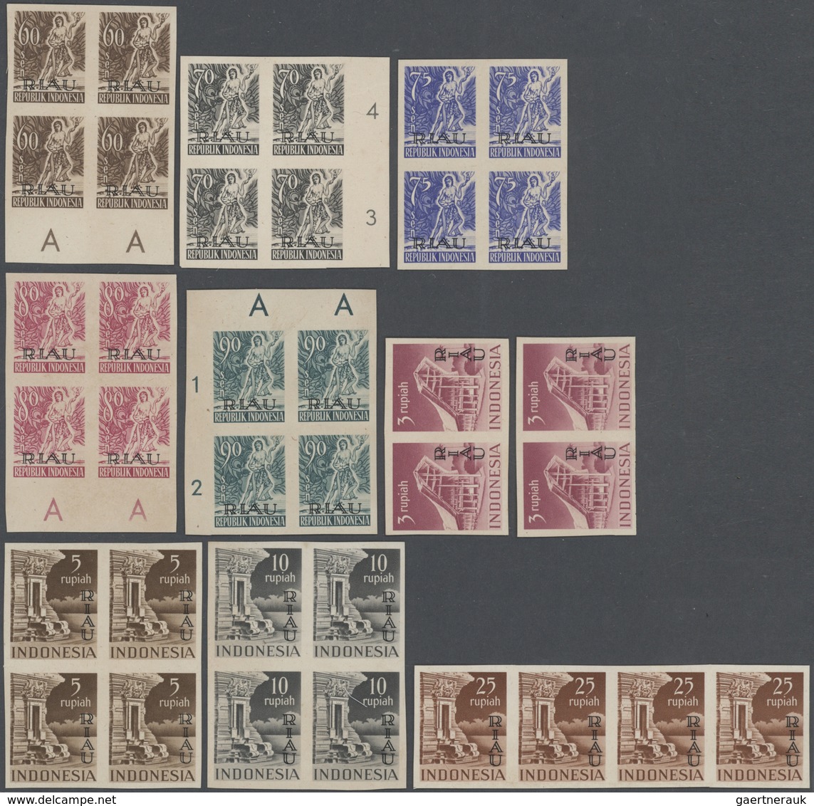 08844 Indonesien - Riau-Lingga: 1954, 5 S.-25 R. Totally 18 Imperforated Blocks Of Four (values 10 S, 50 S - Indonesien