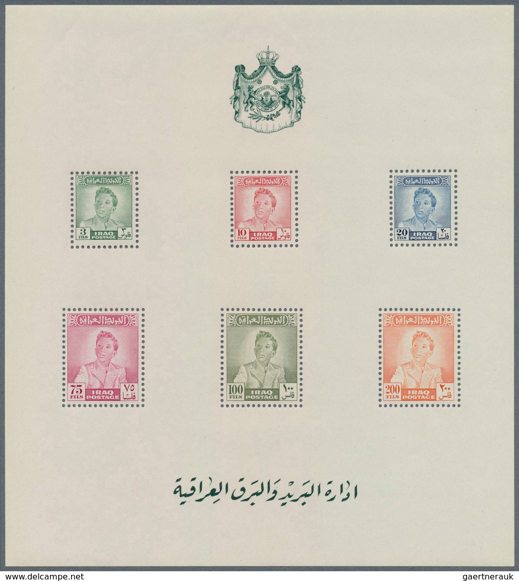 08848 Irak: 1948/1949, King Faisal II. and 'aeroplane over buildings' perf. and imperf. miniature sheets s