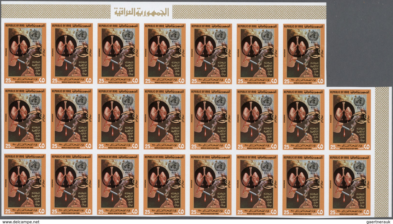08871 Irak: 1980. World Health Day. Set Of 3 Values In IMPERFORATE Part Sheets Of 23. The Set Is Gummed, I - Irak