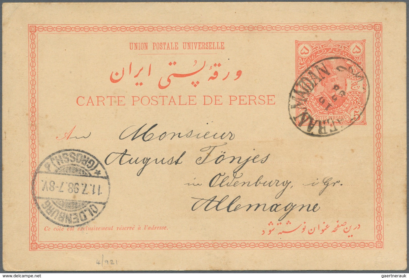 08901 Iran: 1896-98, Two Used Postal Stationery Cards, Both Addressed To Germany With Arrival Marks, Some - Iran