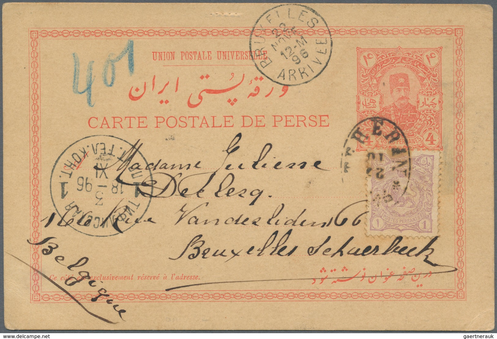 08902 Iran: 1896-1902, Two Used Postal Stationery Cards Addressed To Netherlands And Belgium With Arrival - Iran