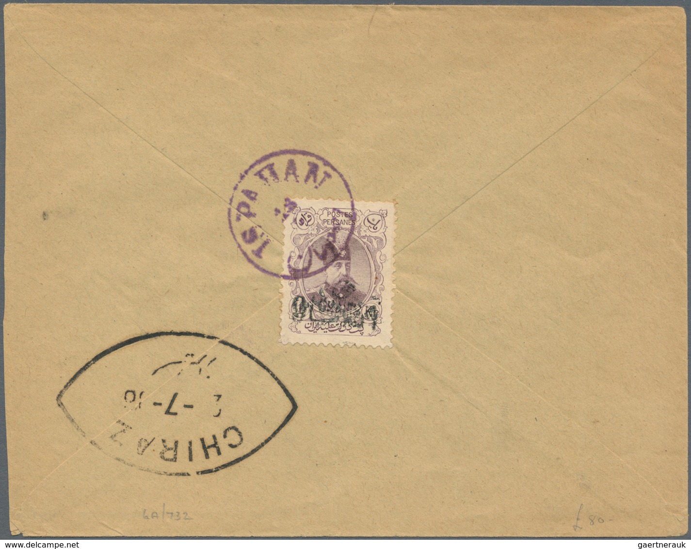 08904 Iran: 1904, Cover Bearing On Reverse 9c. / 1k. Violet Tied By Violet "ISPAHAN" Cds., To Chiraz With - Iran