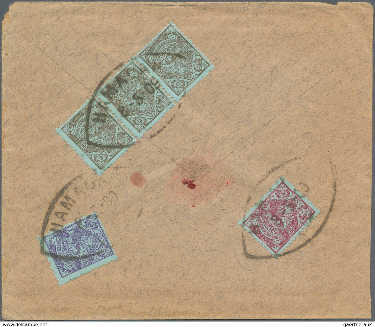 08909 Iran: 1909, Cover Bearing On Reverse 1ch. Violet On Blue, 6ch. Rose On Blue And Strip Of Three 10ch. - Iran