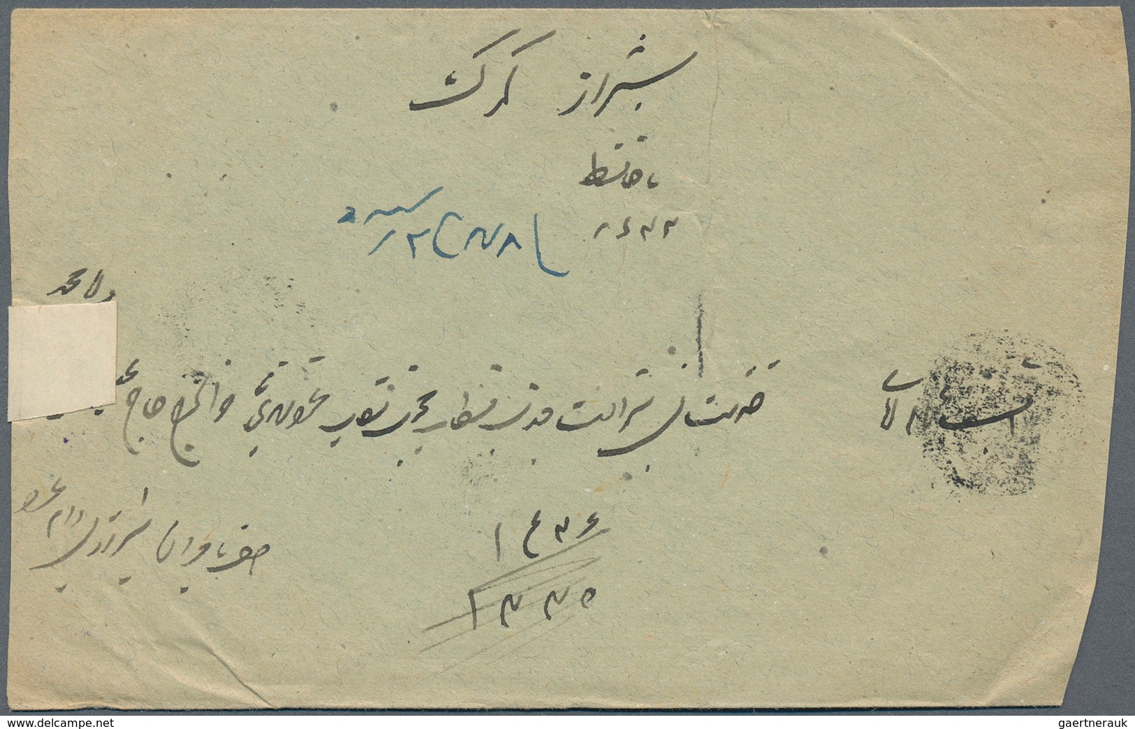 08911 Iran: 1911, 1 Ch. Green Carmine On Cover Tied By All Arabic Negative Cancellation, Alongside Boxed V - Iran