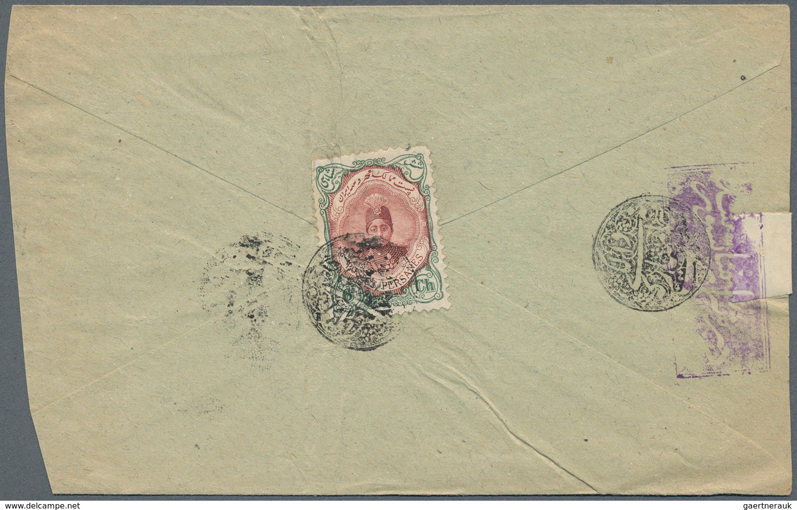 08911 Iran: 1911, 1 Ch. Green Carmine On Cover Tied By All Arabic Negative Cancellation, Alongside Boxed V - Iran