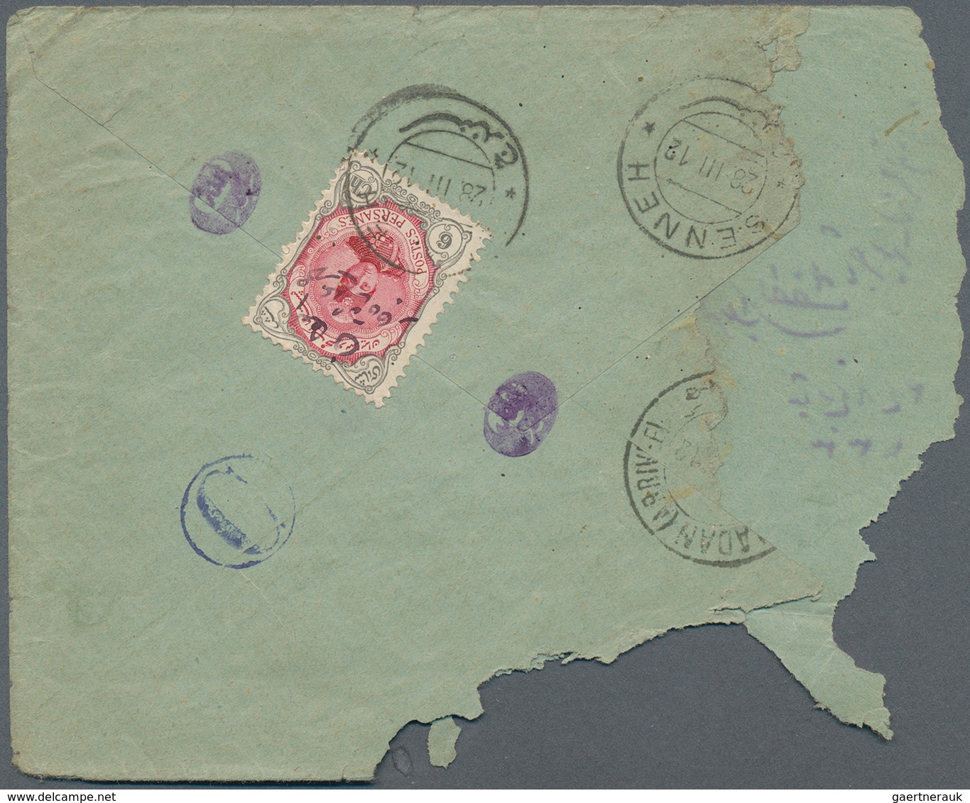 08913 Iran: 1912, AHMAD SHAH 6 Ch. On Cover Hand-written "Al Soltan Mohammad Ali Shah" (large Flaw And Fau - Iran