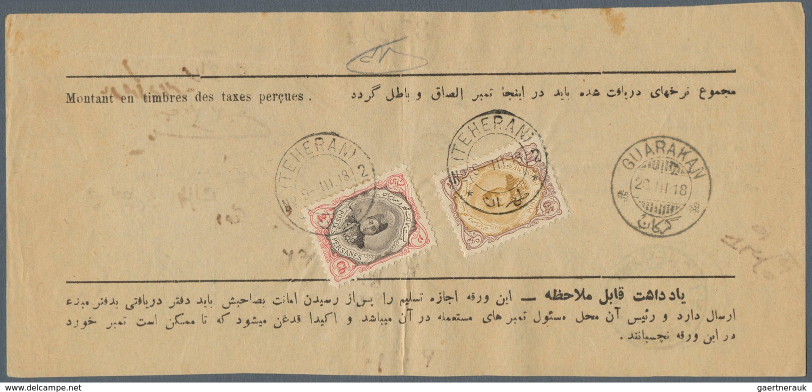 08922 Iran: 1918, Registration Recipt Bearing Mi. 318, 323 Tied By Clear Teheran C.d.s., Scarce 20 Kr. 20 - Iran