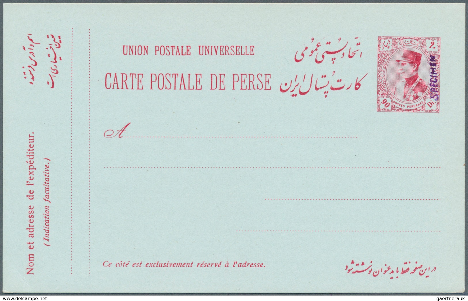 08932 Iran: 1928/1938: 7 Different Reza Shah Postal Stationery Cards,. Specimen Of 90 D Red And 9 Ch Coron - Iran