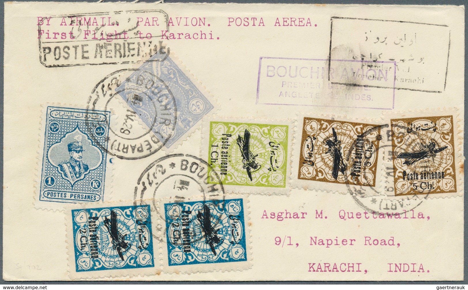 08933 Iran: 1929/1930: Two First Flight Covers From Bouchire To Karachi, India And Lingah To Athens, Greec - Iran