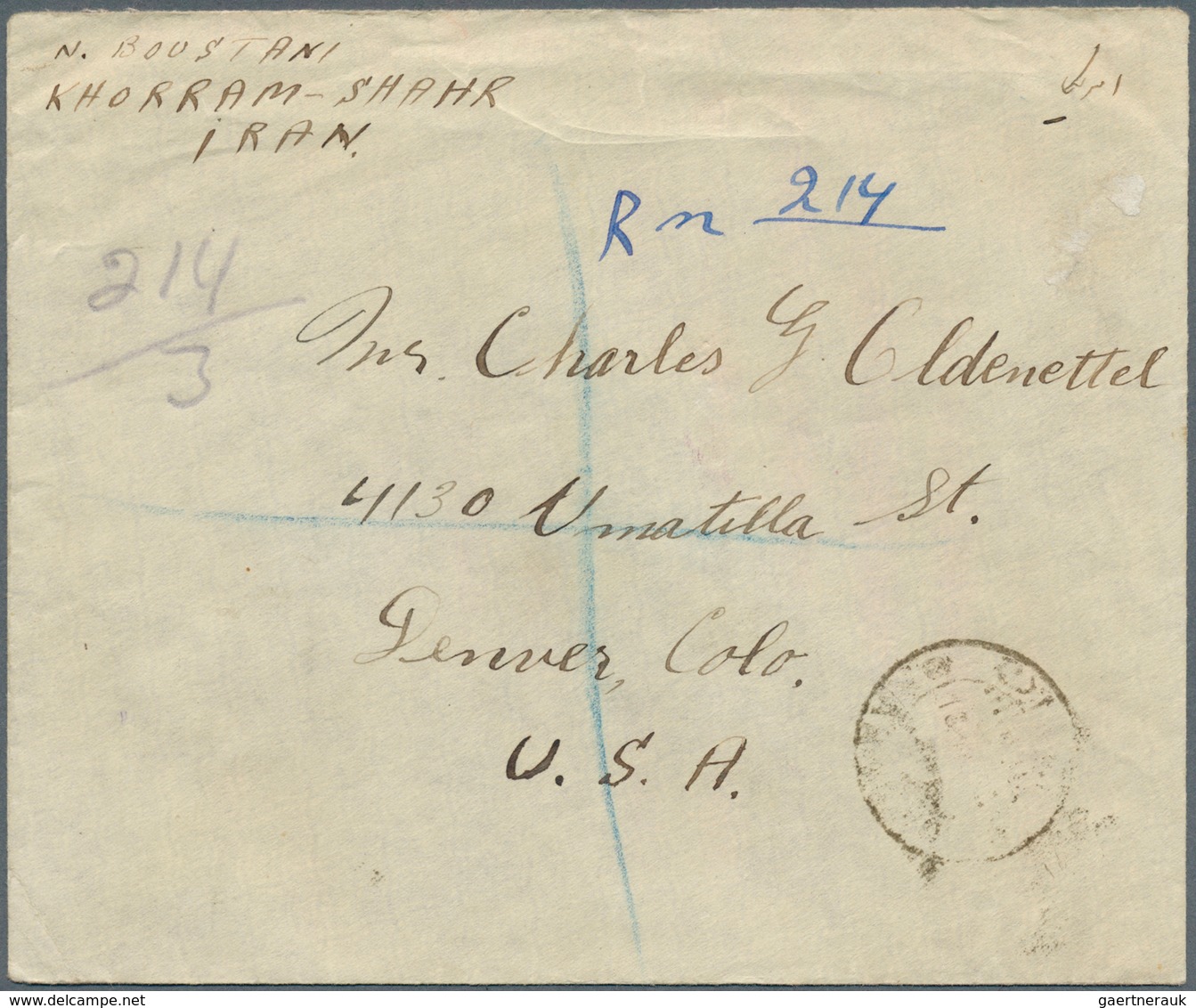 08941 Iran: 1938: Registered Cover From Khorram Shahr To Denver USA Via Abadan And Chicago With Special Un - Iran