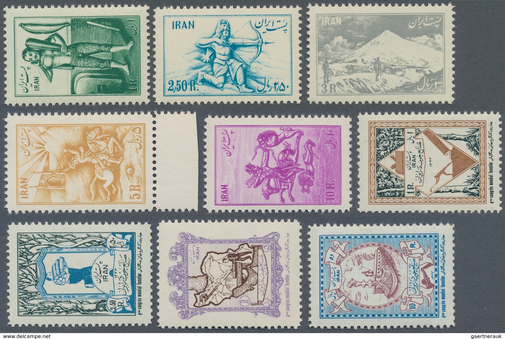 08948A Iran: 1953, 1 R To 10 R "Old Persian Sport/Hunting" And 1954, 1 R To 10 R "4. Forestry Congress", Tw - Iran