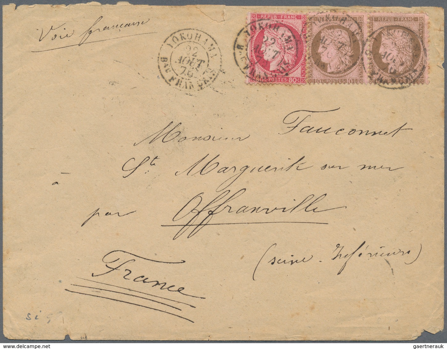 08970 Japan: 1876, FRENCH P.O., Cover Bearing Ceres Horiz. Pair 10c. Brown On Rose And Single 80c. Carmine - Autres & Non Classés