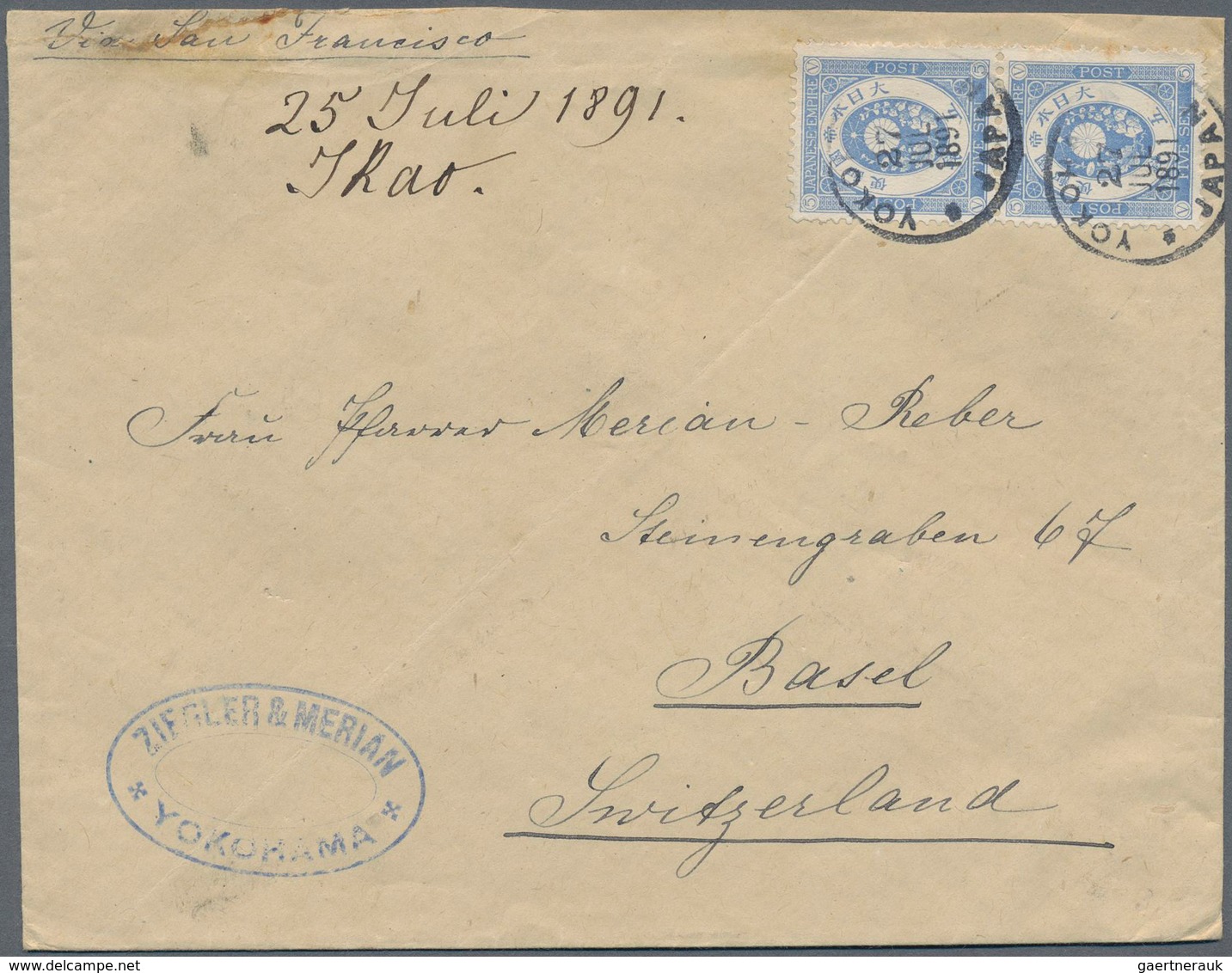 08973 Japan: 1883/88,  Merian Correspondence: Two Covers To Basel/Switzerland, UPU-Koban 5 S. Pair Tied 4- - Autres & Non Classés